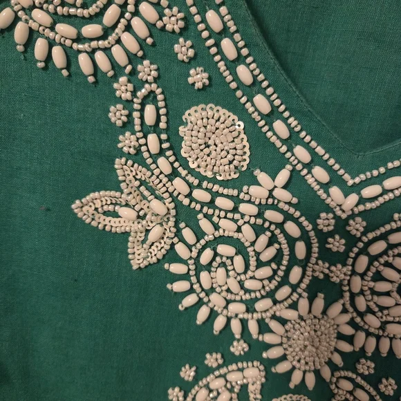 Chico’s Womans Green Linen Blend Beaded Tunic Top. Sz 1/M Resortwear Coastal - Picture 5 of 9